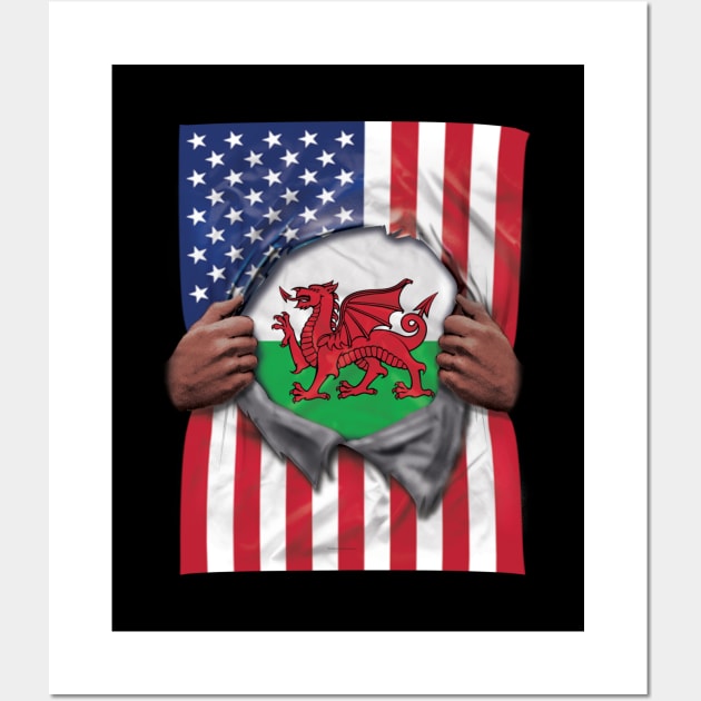 Wales Flag American Flag Ripped - Gift for Welsh From Wales Wall Art by Country Flags